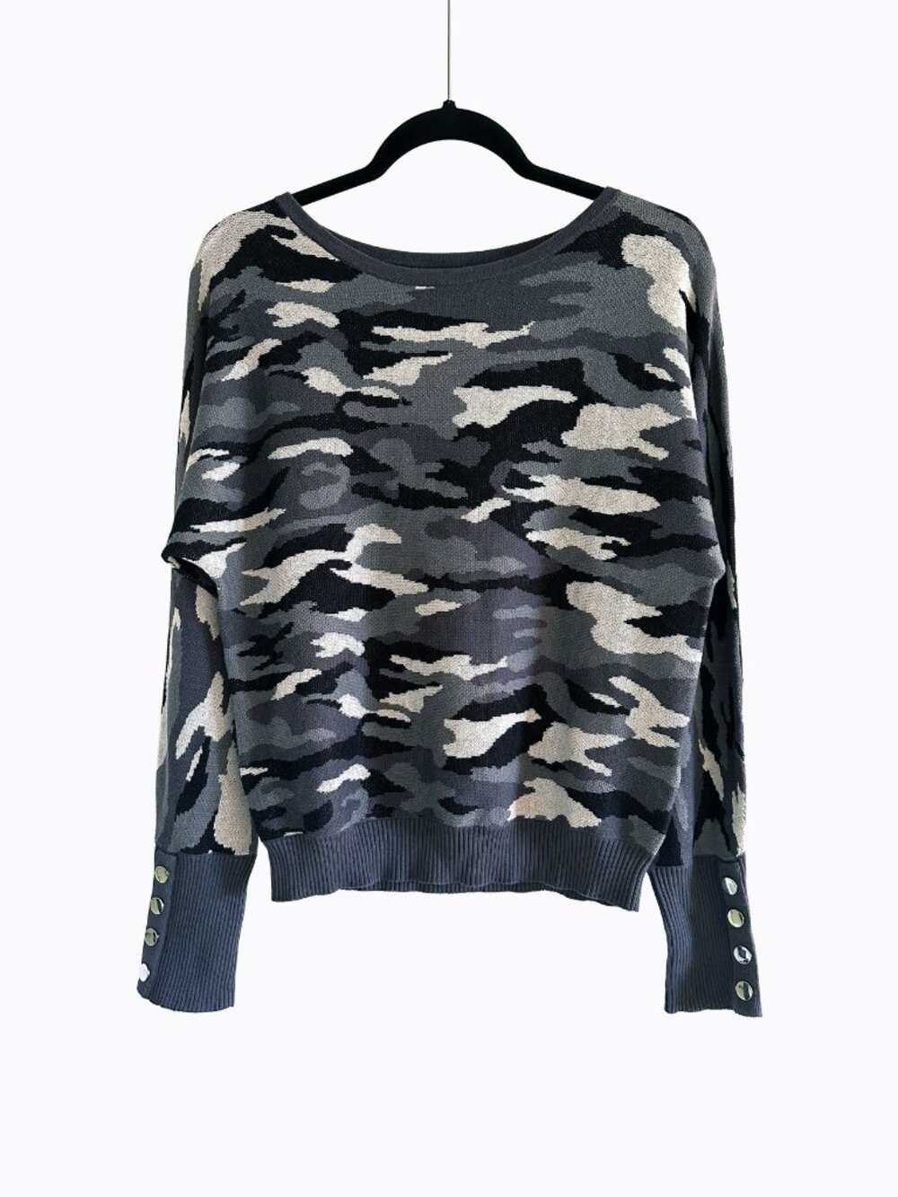 Camo Dolman Sweater Sweatshirt Top Med Button Sleeve Gray Black Y2K 90s Casual